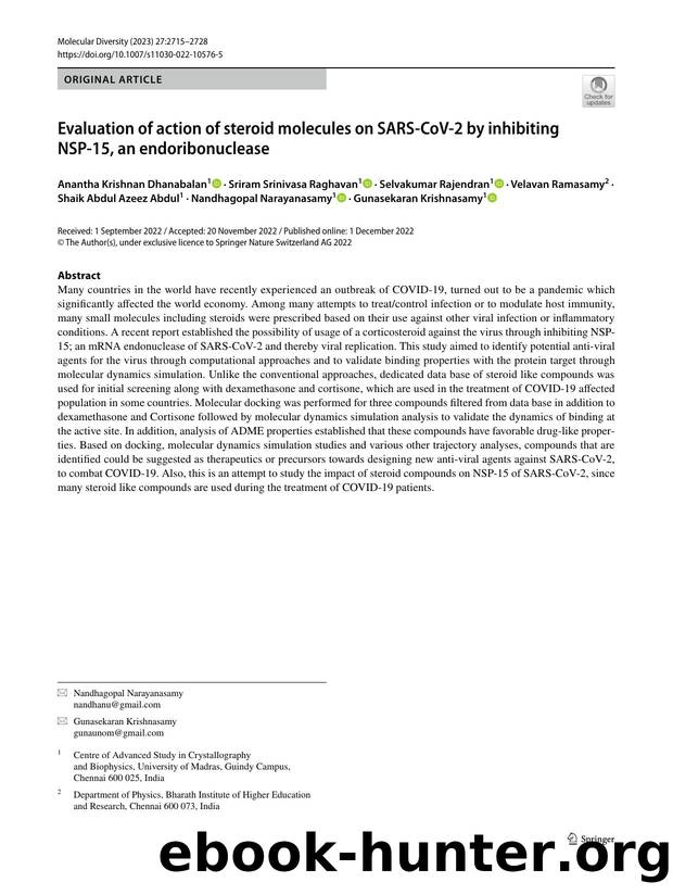 Evaluation of action of steroid molecules on SARS-CoV-2 by inhibiting NSP-15, an endoribonuclease by unknow