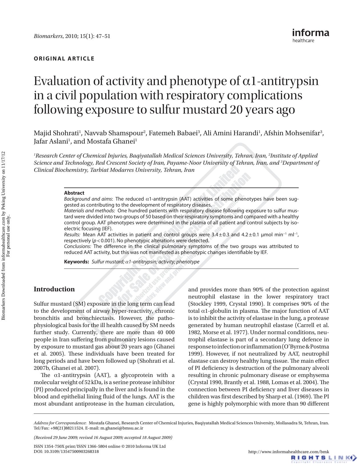 Evaluation of activity and phenotype of α1-antitrypsin in a civil population with respiratory complications following exposure to sulfur mustard 20 years ago by unknow