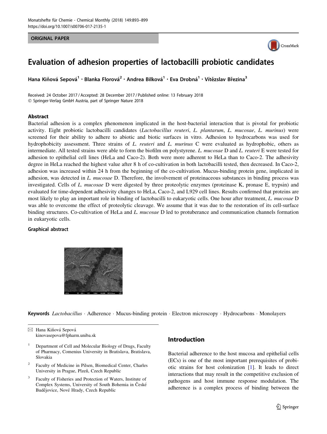 Evaluation of adhesion properties of lactobacilli probiotic candidates by Hana Kiňová Sepová & Blanka Florová & Andrea Bilková & Eva Drobná & Vítězslav Březina