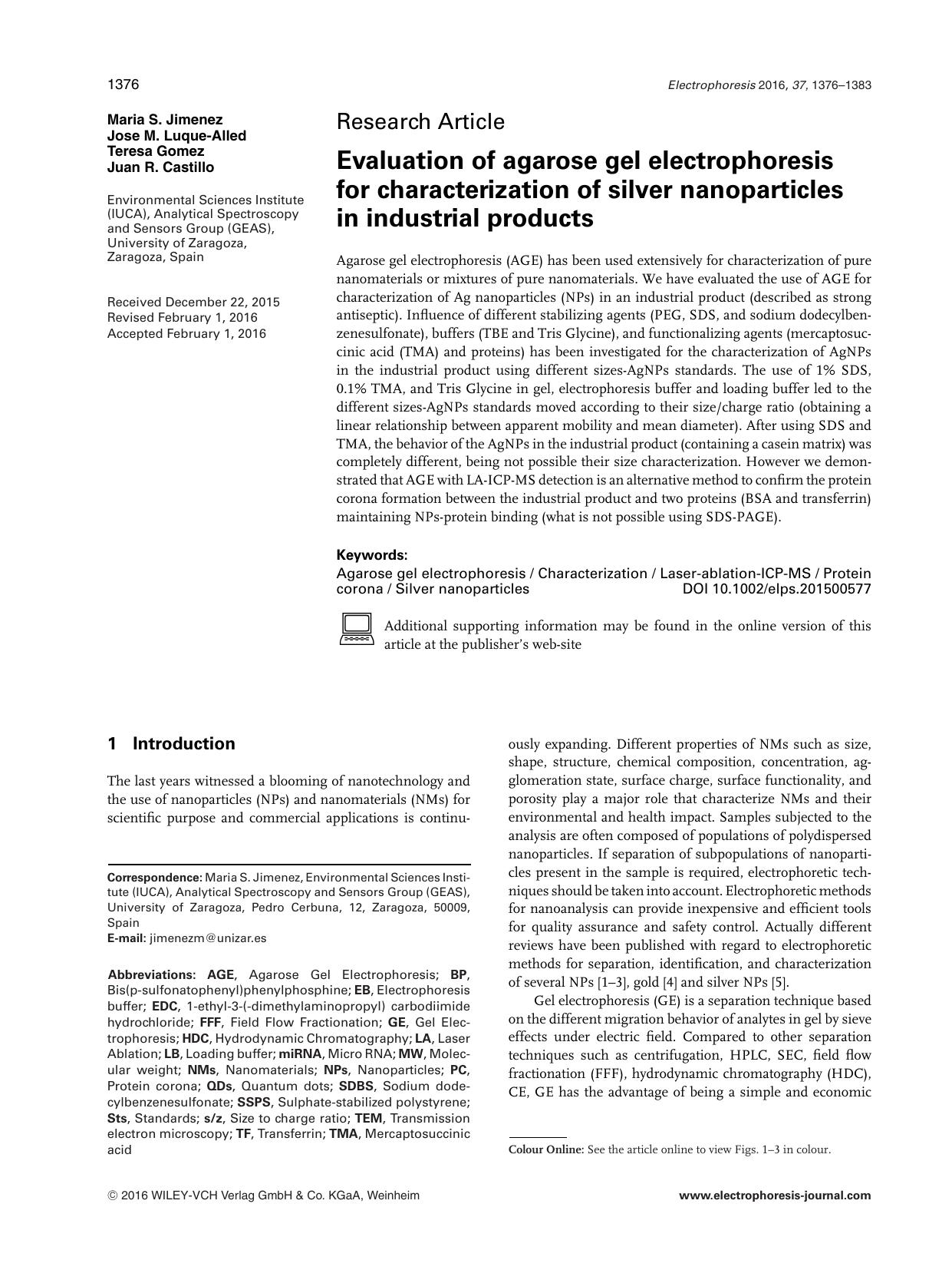 Evaluation of agarose gel electrophoresis for characterization of silver nanoparticles in industrial products by Unknown