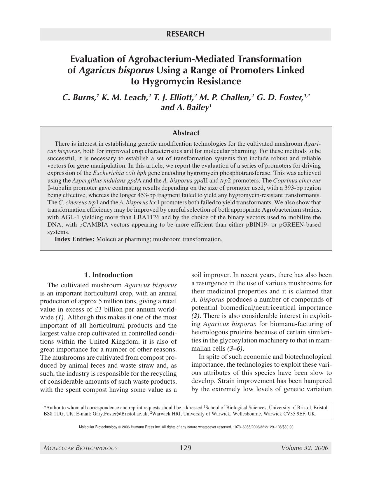 Evaluation of agrobacterium-mediated transformation of <Emphasis Type="Italic">agricus bisporus<Emphasis> using a range of promoters linked to hygromycin resistance by Unknown