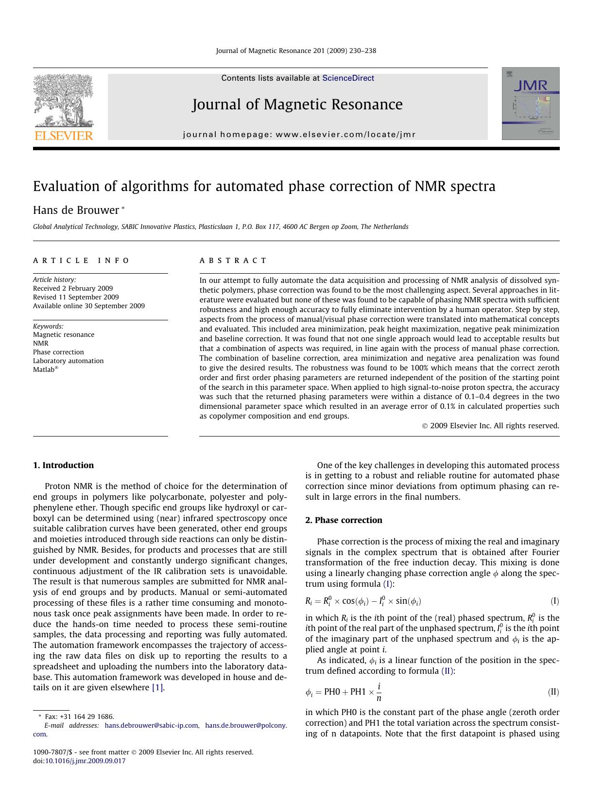Evaluation of algorithms for automated phase correction of NMR spectra by Hans de Brouwer