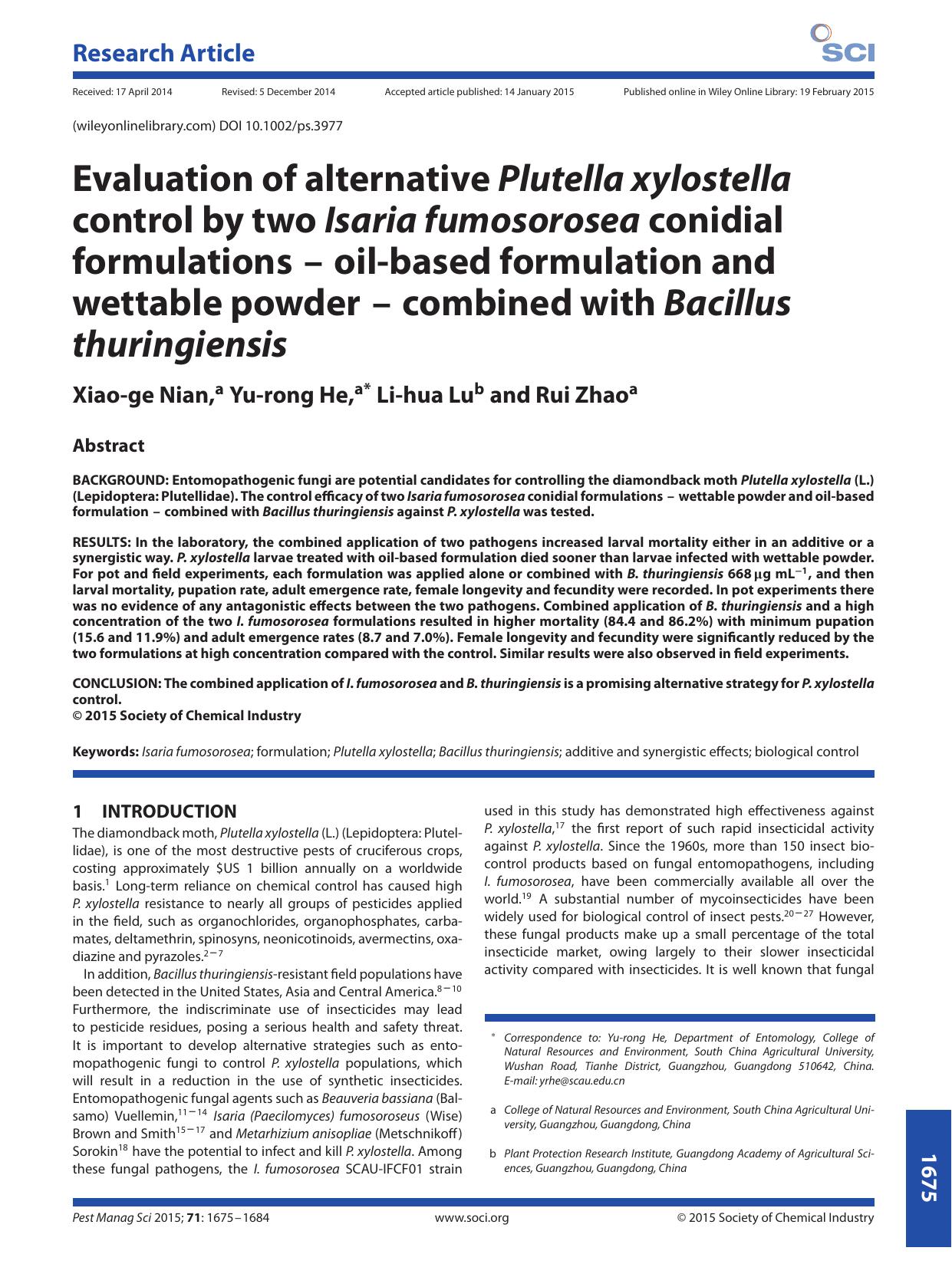 Evaluation of alternative Plutella xylostella control by two Isaria fumosorosea conidial formulations -- oil-based formulation and wettable powder -- combined with Bacillus thuringiensis by Unknown