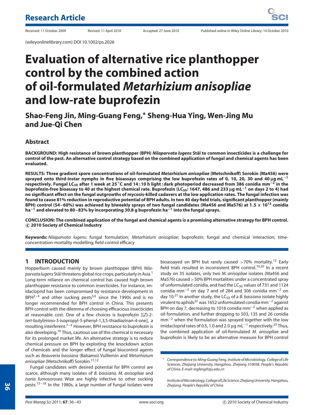 Evaluation of alternative rice planthopper control by the combined action of oilformulated Metarhizium anisopliae and lowrate buprofezin by Unknown