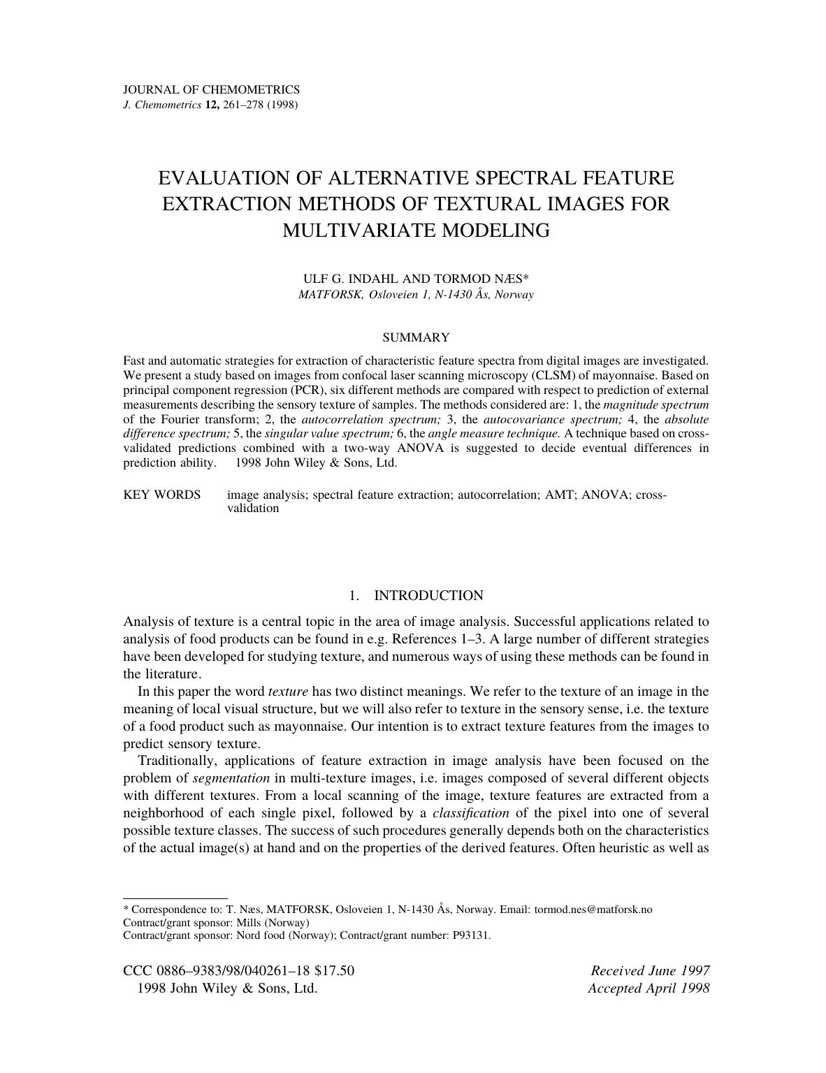 Evaluation of alternative spectral feature extraction methods of textural images for multivariate modelling by Unknown