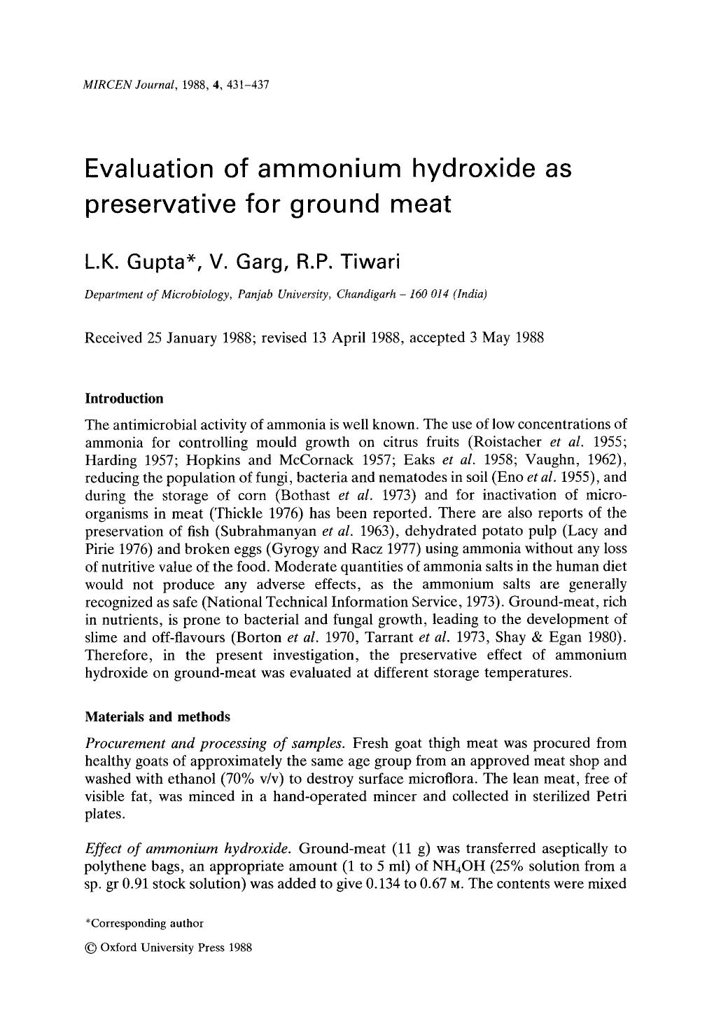 Evaluation of ammonium hydroxide as preservative for ground meat by Unknown