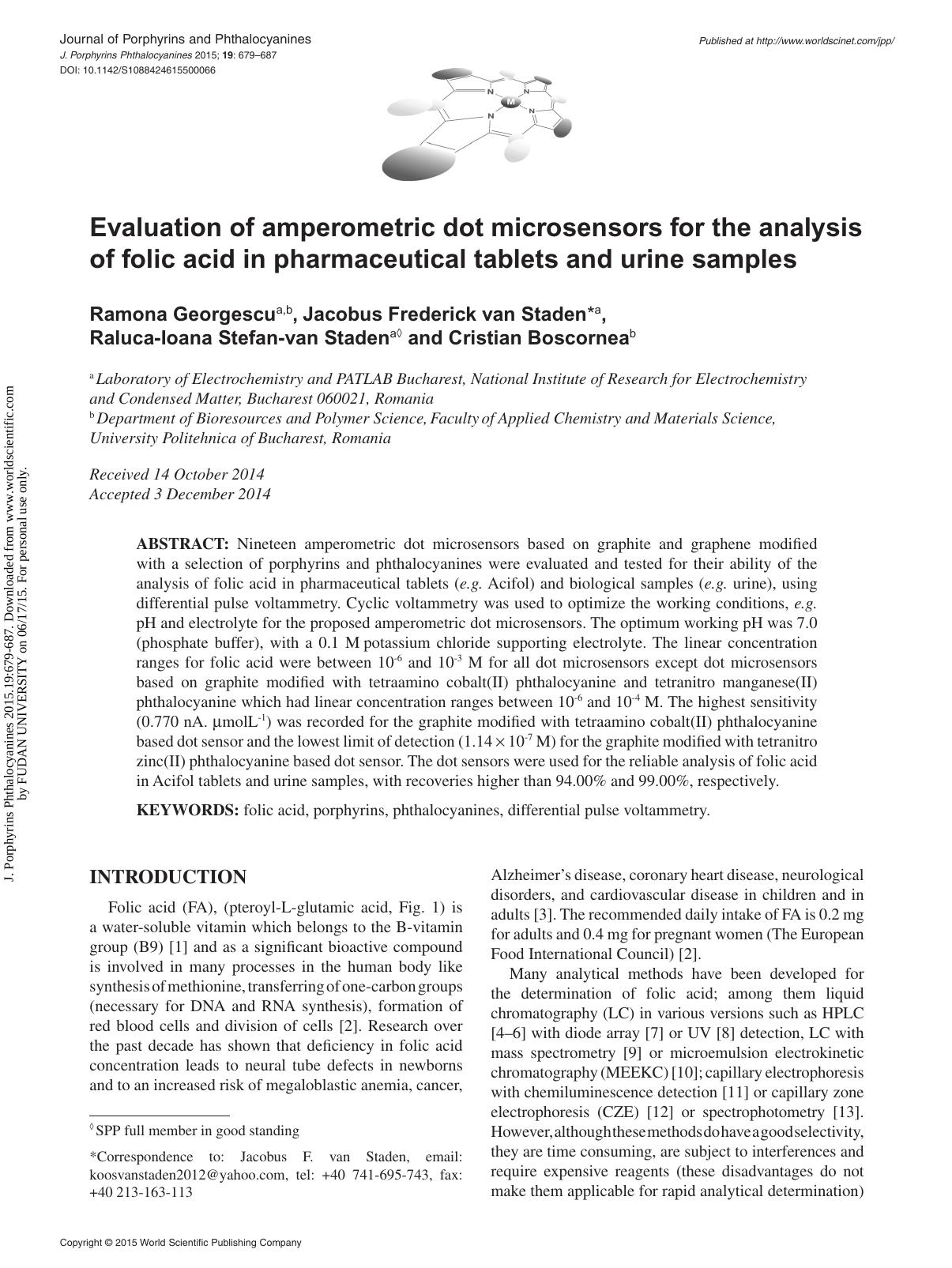 Evaluation of amperometric dot microsensors for the analysis of folic acid in pharmaceutical tablets and urine samples by Ramona Georgescu Jacobus Frederick van Staden Raluca-Ioana Stefan-van Staden & Cristian Boscornea