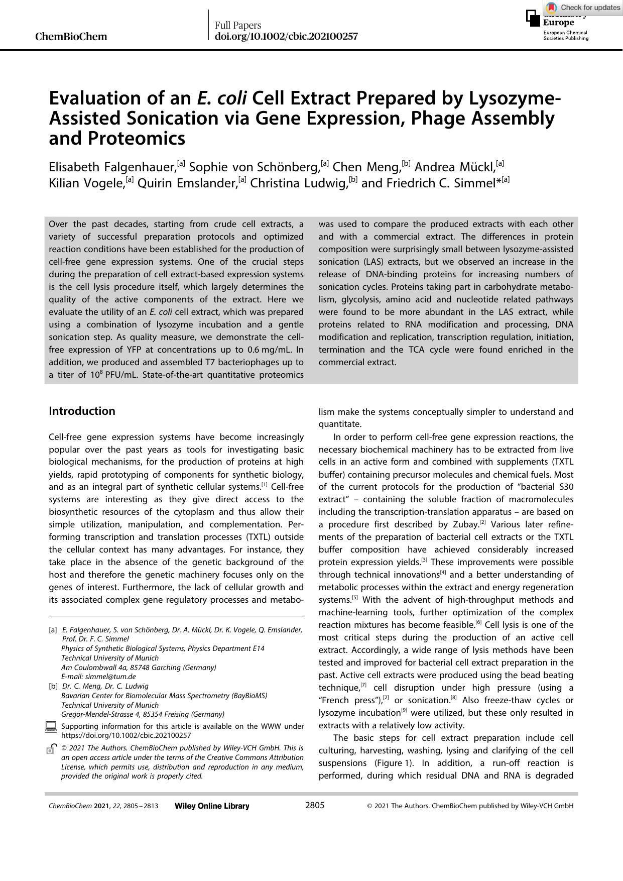 Evaluation of an E. coli Cell Extract Prepared by LysozymeâAssisted Sonication via Gene Expression, Phage Assembly and Proteomics by Unknown