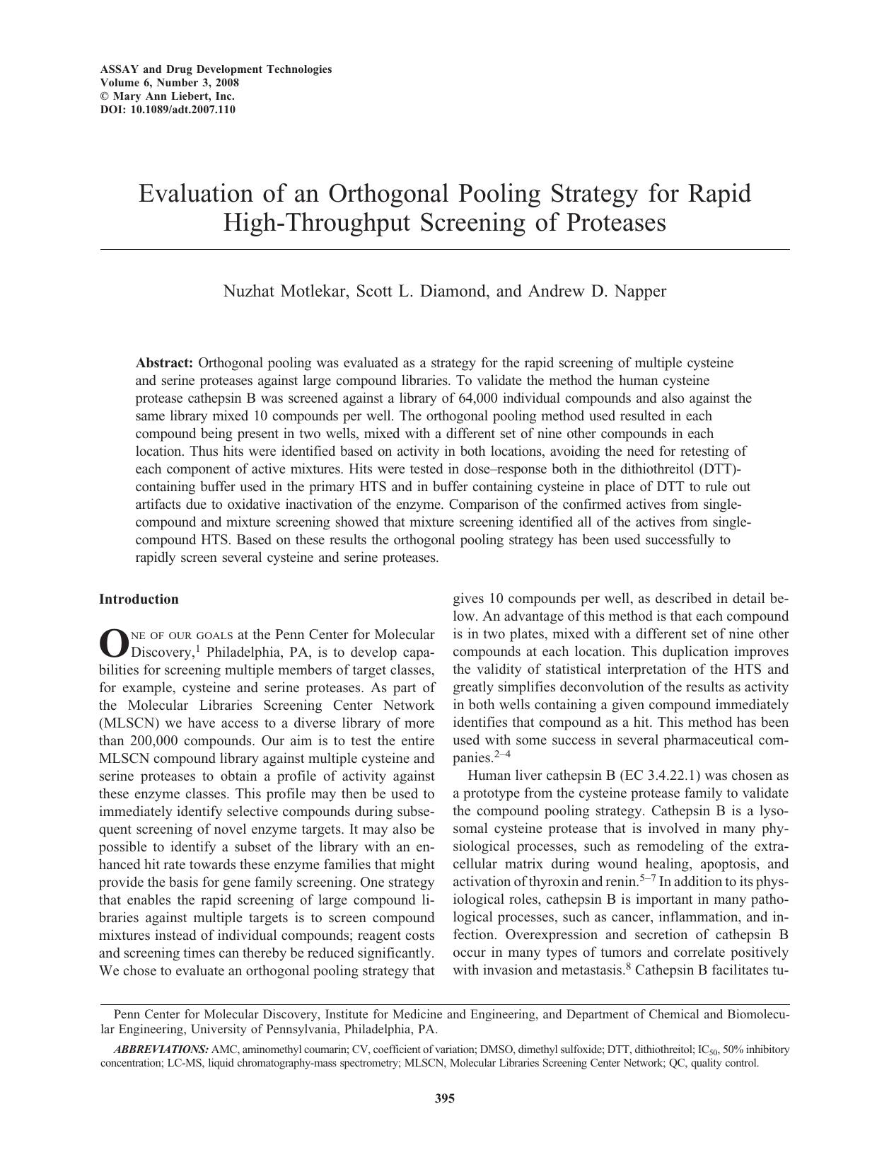 Evaluation of an Orthogonal Pooling Strategy for Rapid High-Throughput Screening of Proteases by Nuzhat Motlekar Scott L. Diamond Andrew D. Napper