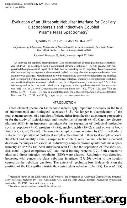 Evaluation of an Ultrasonic Nebulizer Interface for Capillary Electrophoresis and Inductively Coupled Plasma Mass Spectrometry by Lu Q. et al