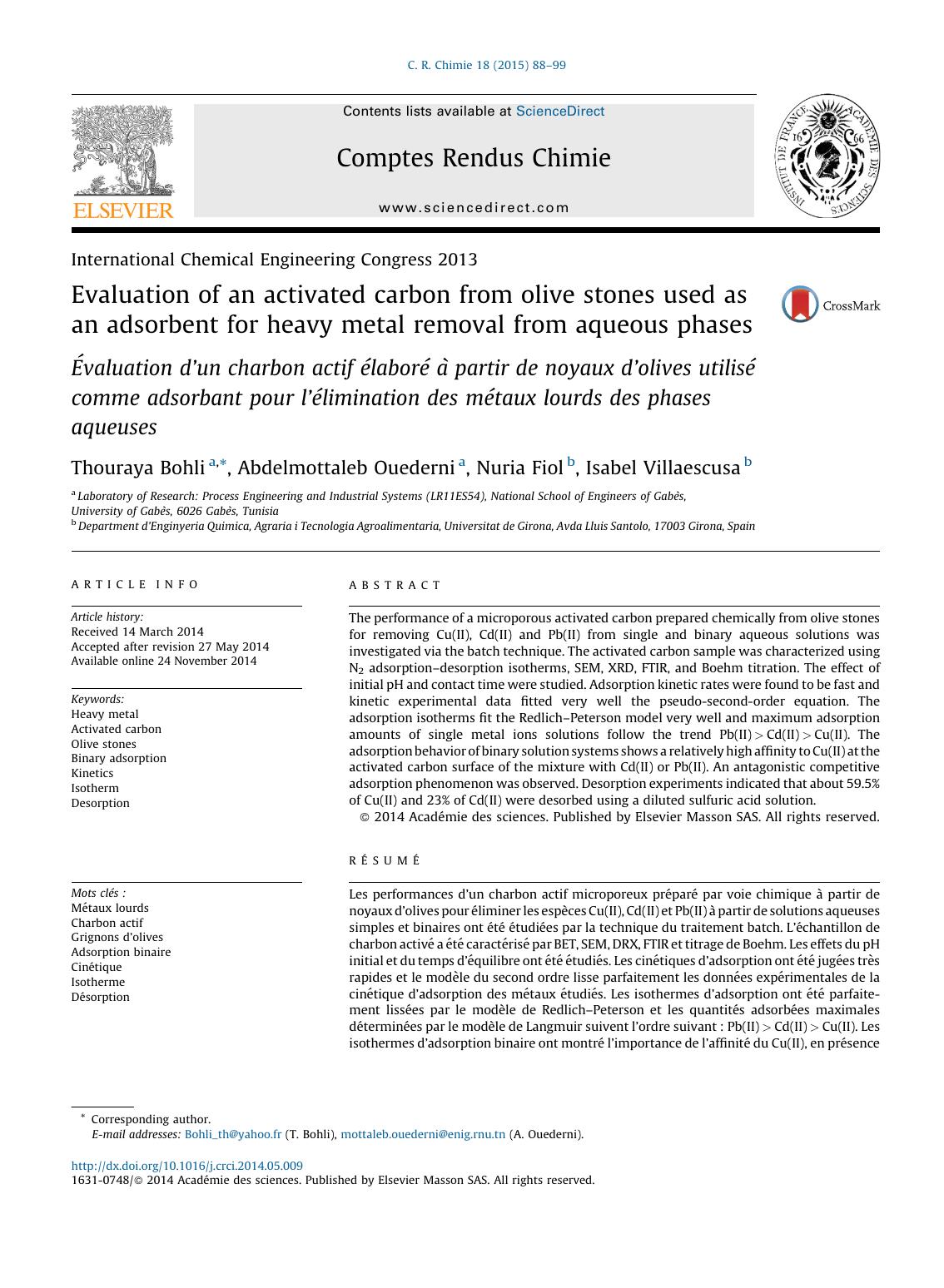 Evaluation of an activated carbon from olive stones used as an adsorbent for heavy metal removal from aqueous phases by Thouraya Bohli & Abdelmottaleb Ouederni & Nuria Fiol & Isabel Villaescusa