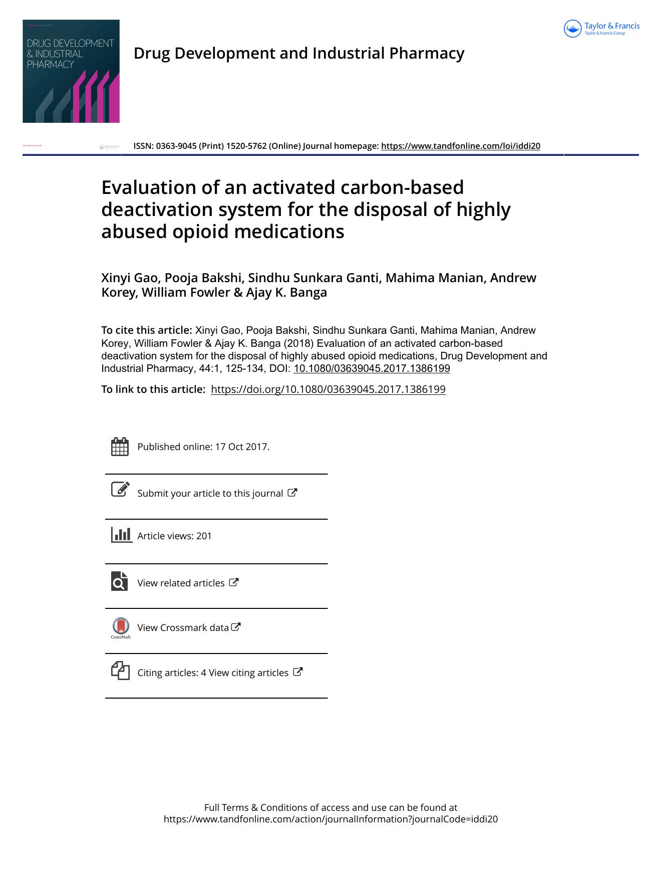 Evaluation of an activated carbon-based deactivation system for the disposal of highly abused opioid medications by unknow