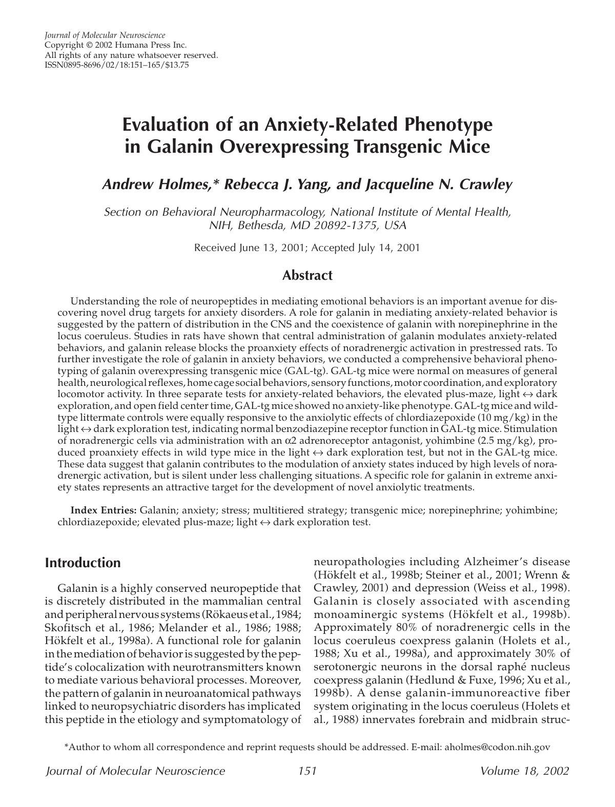 Evaluation of an anxiety-related phenotype in galanin overexpressing transgenic mice by Unknown