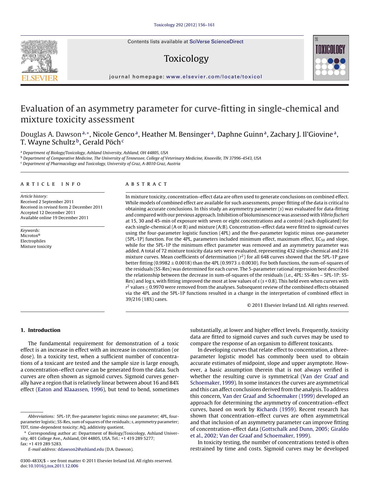 Evaluation of an asymmetry parameter for curve-fitting in single-chemical and mixture toxicity assessment by Douglas A. Dawson