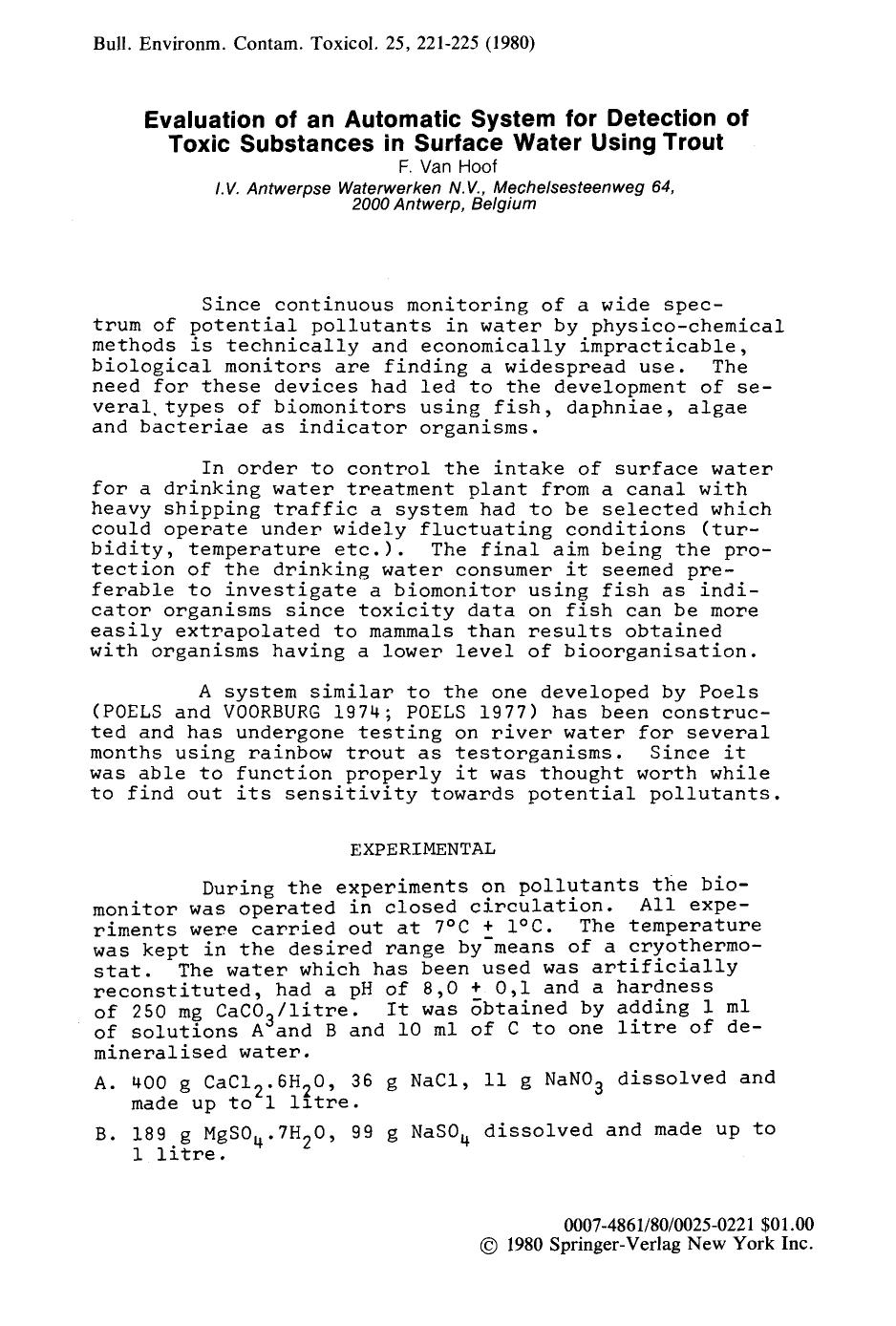 Evaluation of an automatic system for detection of toxic substances in surface water using trout by Unknown