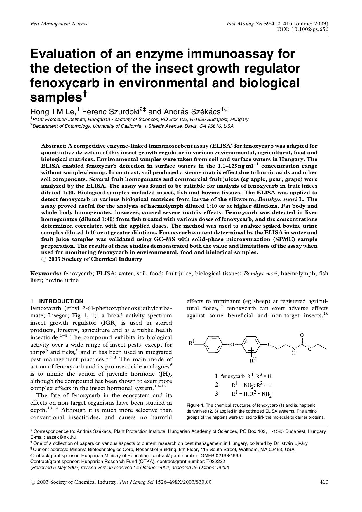 Evaluation of an enzyme immunoassay for the detection of the insect growth regulator fenoxycarb in environmental and biological samples by Unknown