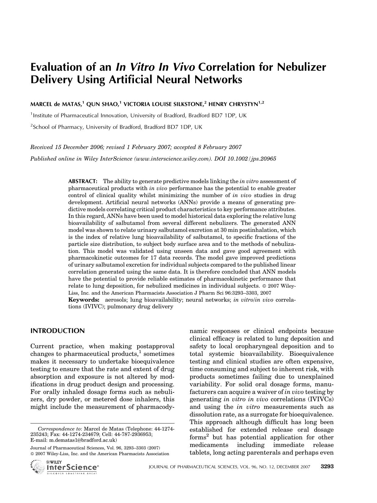 Evaluation of an in vitro in vivo correlation for nebulizer delivery using artificial neural networks by Unknown