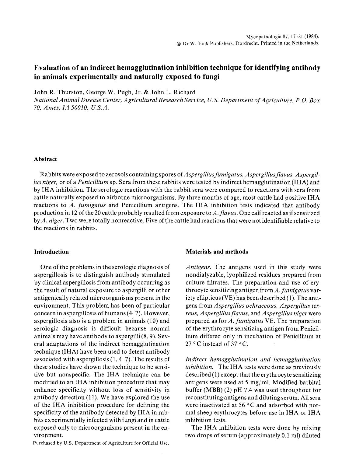 Evaluation of an indirect hemagglutination inhibition technique for identifying antibody in animals experimentally and naturally exposed to fungi by Unknown