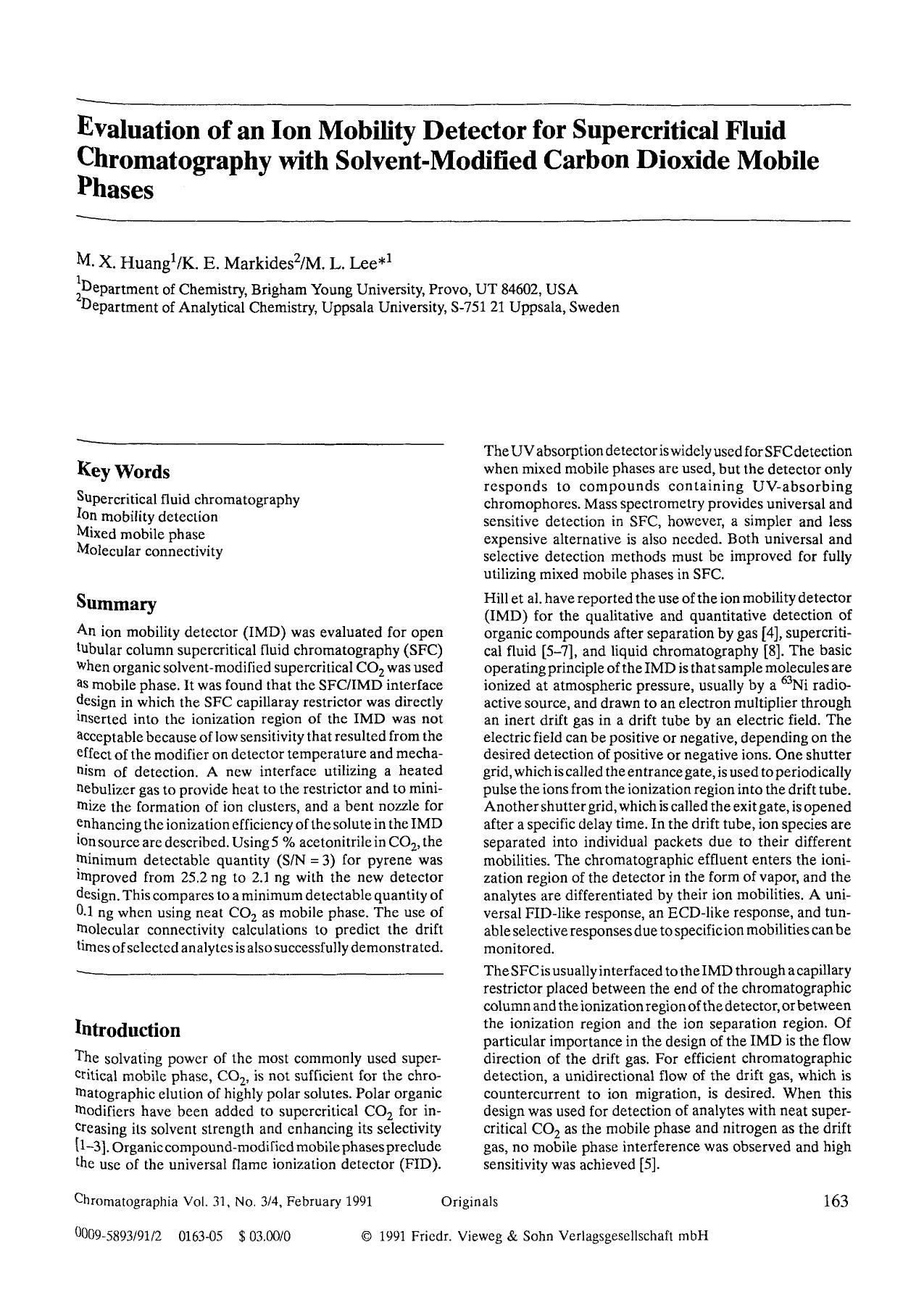 Evaluation of an ion mobility detector for supercritical fluid chromatography with solvent-modified carbon dioxide mobile phases by Unknown