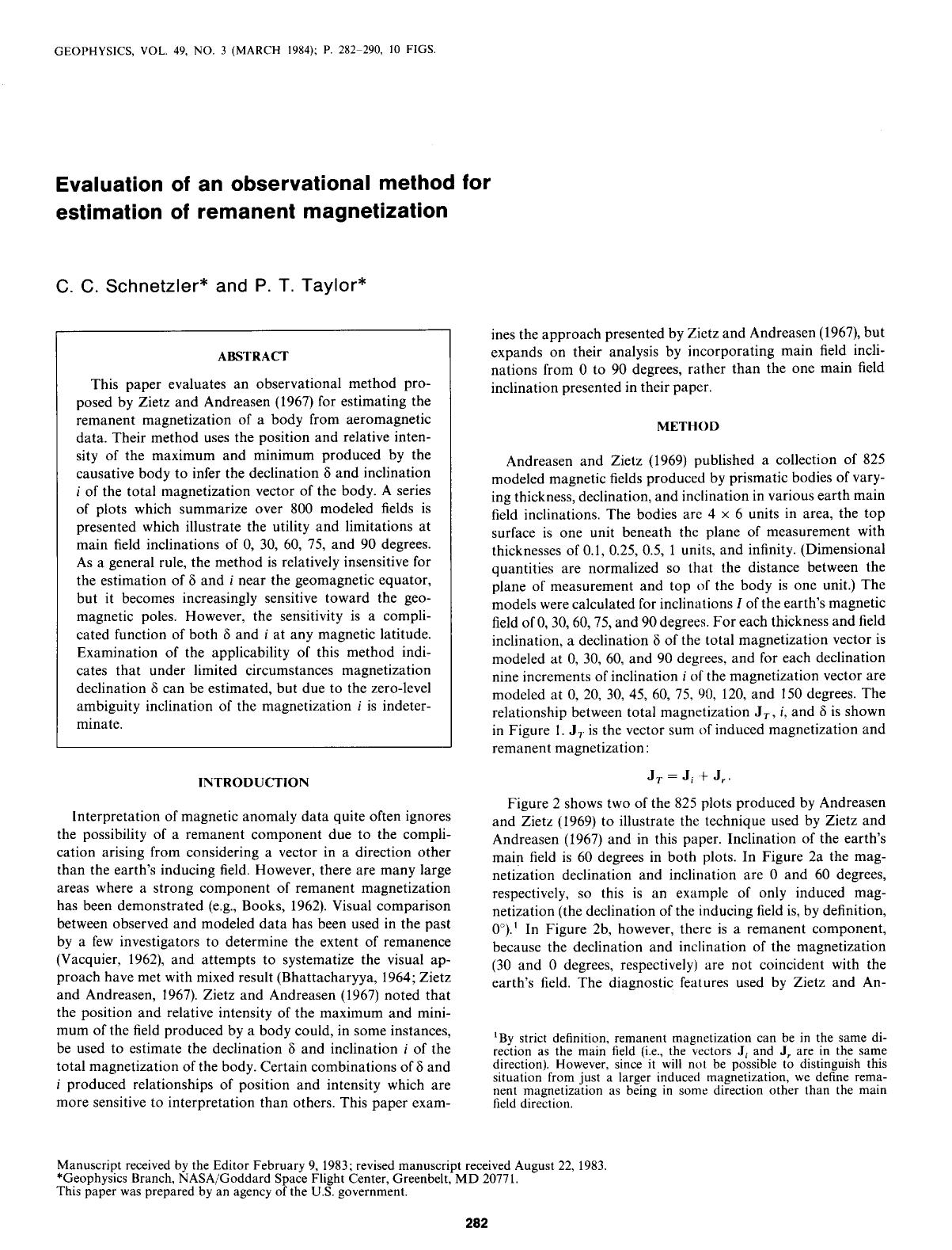 Evaluation of an observational method for estimation of remanent magnetization by Schnetzler C. C.; Taylor P. T