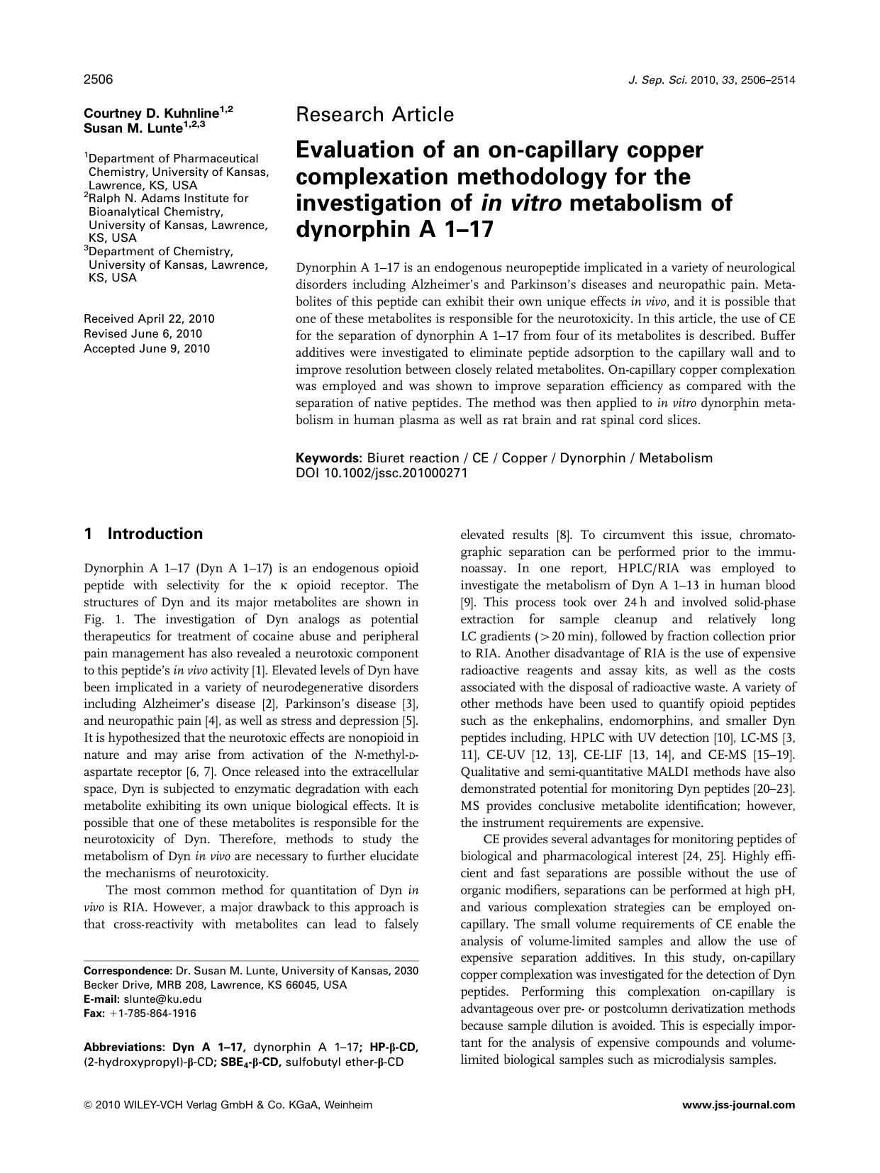 Evaluation of an oncapillary copper complexation methodology for the investigation of in vitro metabolism of dynorphin A 117 by Unknown