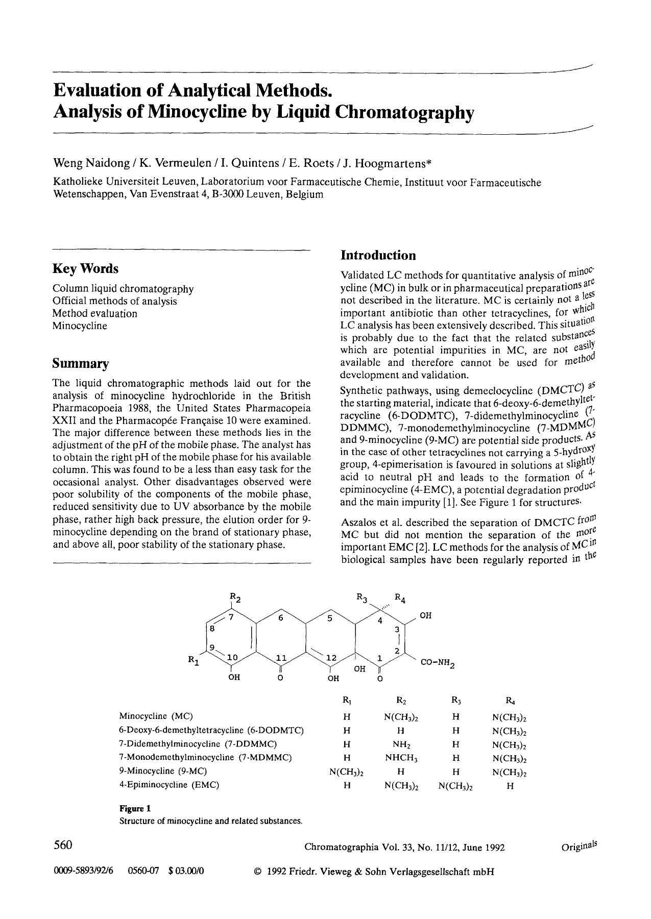 Evaluation of analytical methods. Analysis of minocycline by liquid chromatography by Unknown