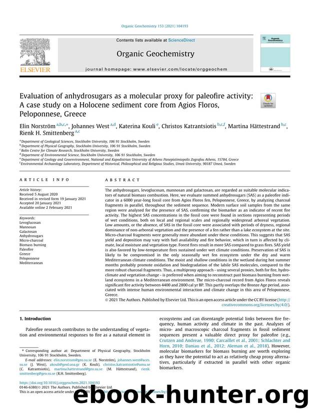 Evaluation of anhydrosugars as a molecular proxy for paleofire activity: A case study on a Holocene sediment core from Agios Floros, Peloponnese, Greece by unknow