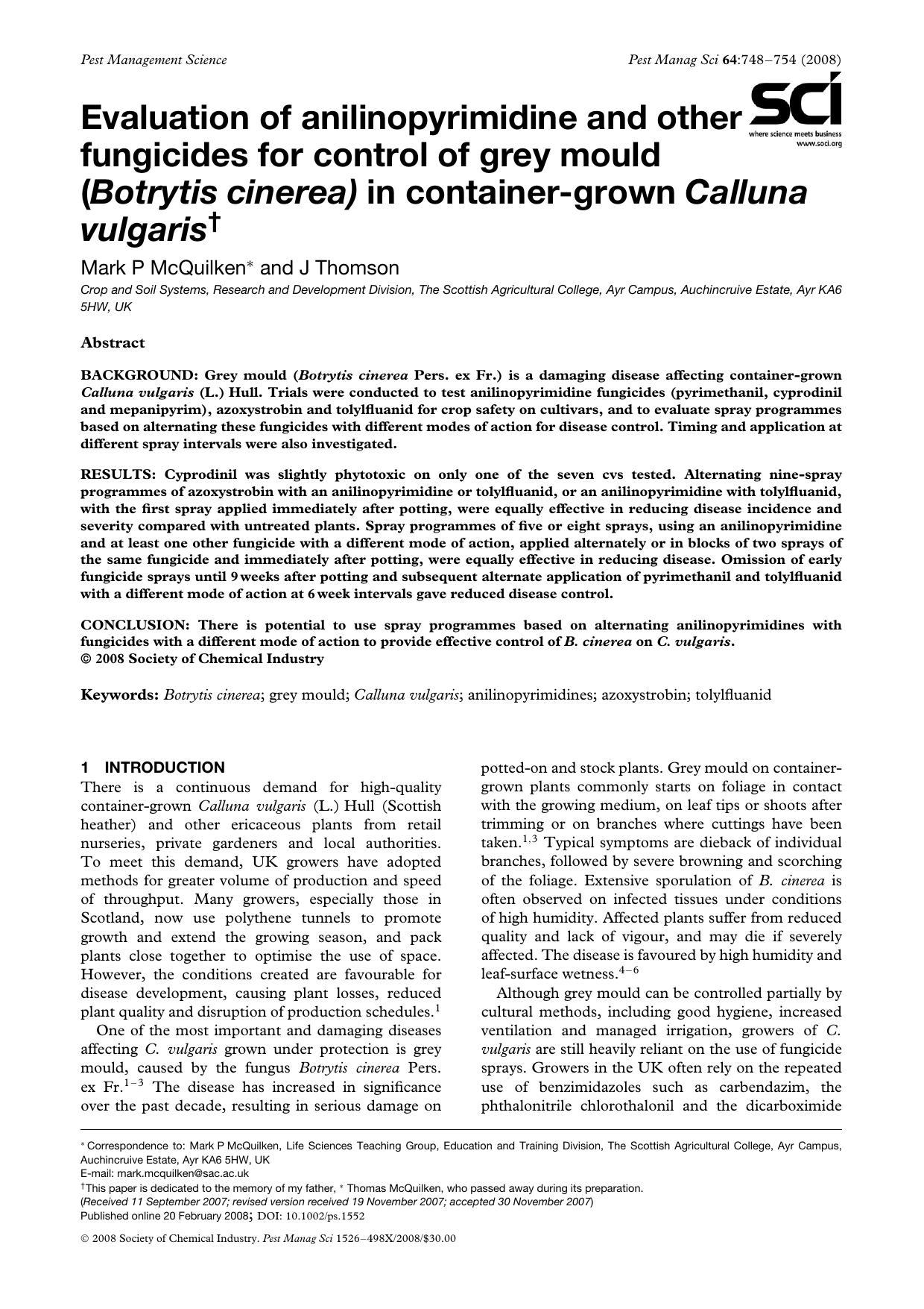 Evaluation of anilinopyrimidine and other fungicides for control of grey mould (Botrytis cinerea) in container-grown Calluna vulgaris by Unknown