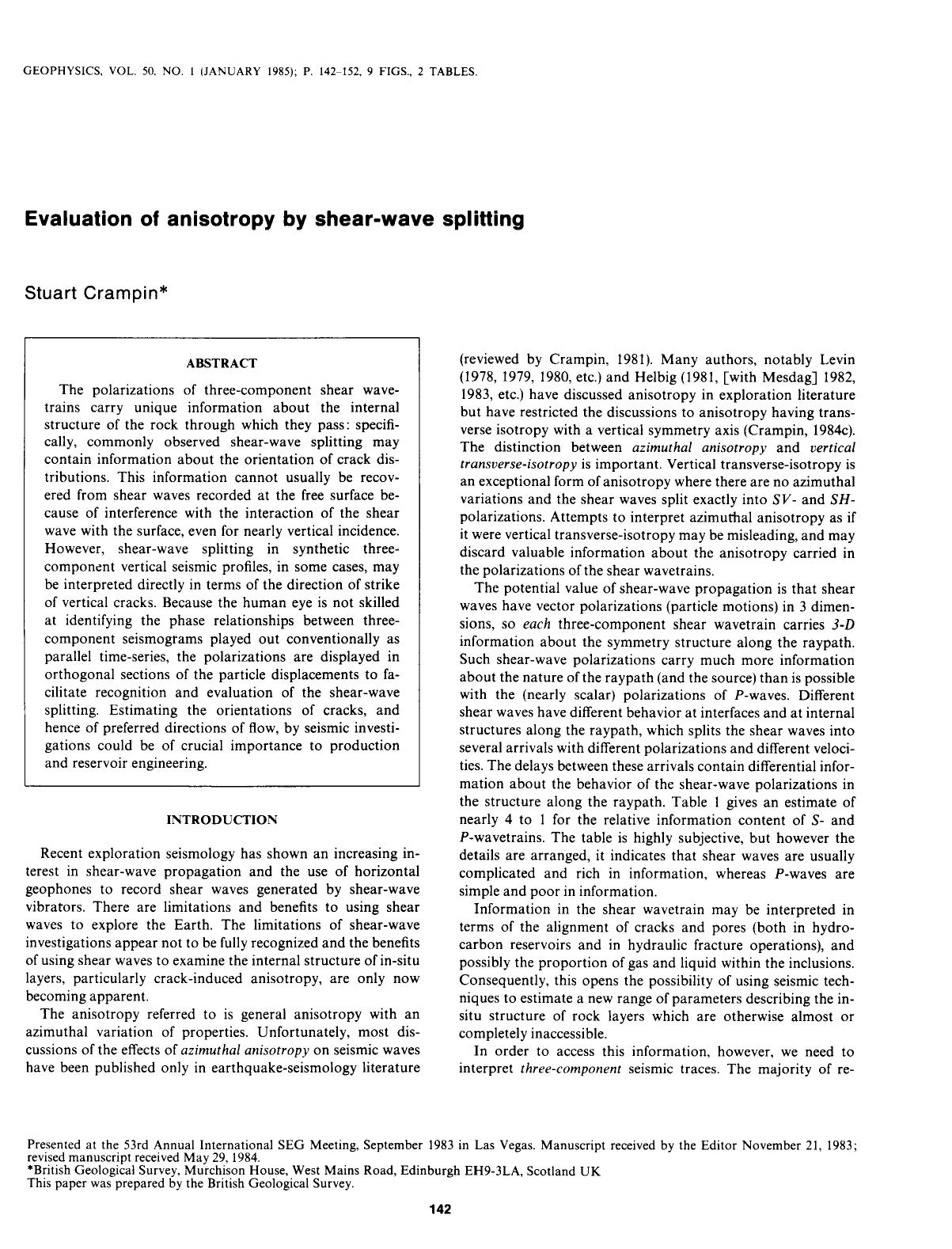 Evaluation of anisotropy by shear-wave splitting by Crampin S