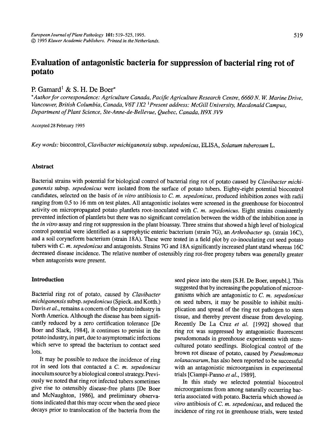 Evaluation of antagonistic bacteria for suppression of bacterial ring rot of potato by Unknown