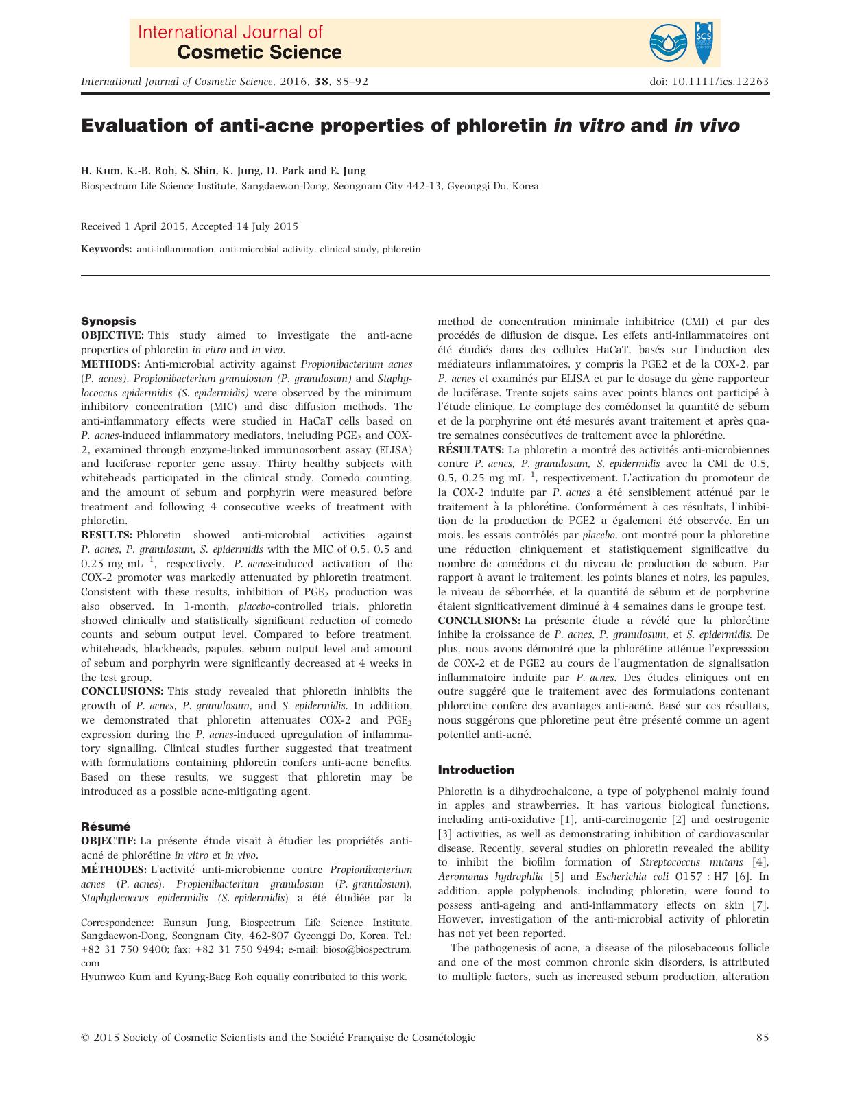 Evaluation of anti‐acne properties of phloretin in vitro and in vivo by Unknown