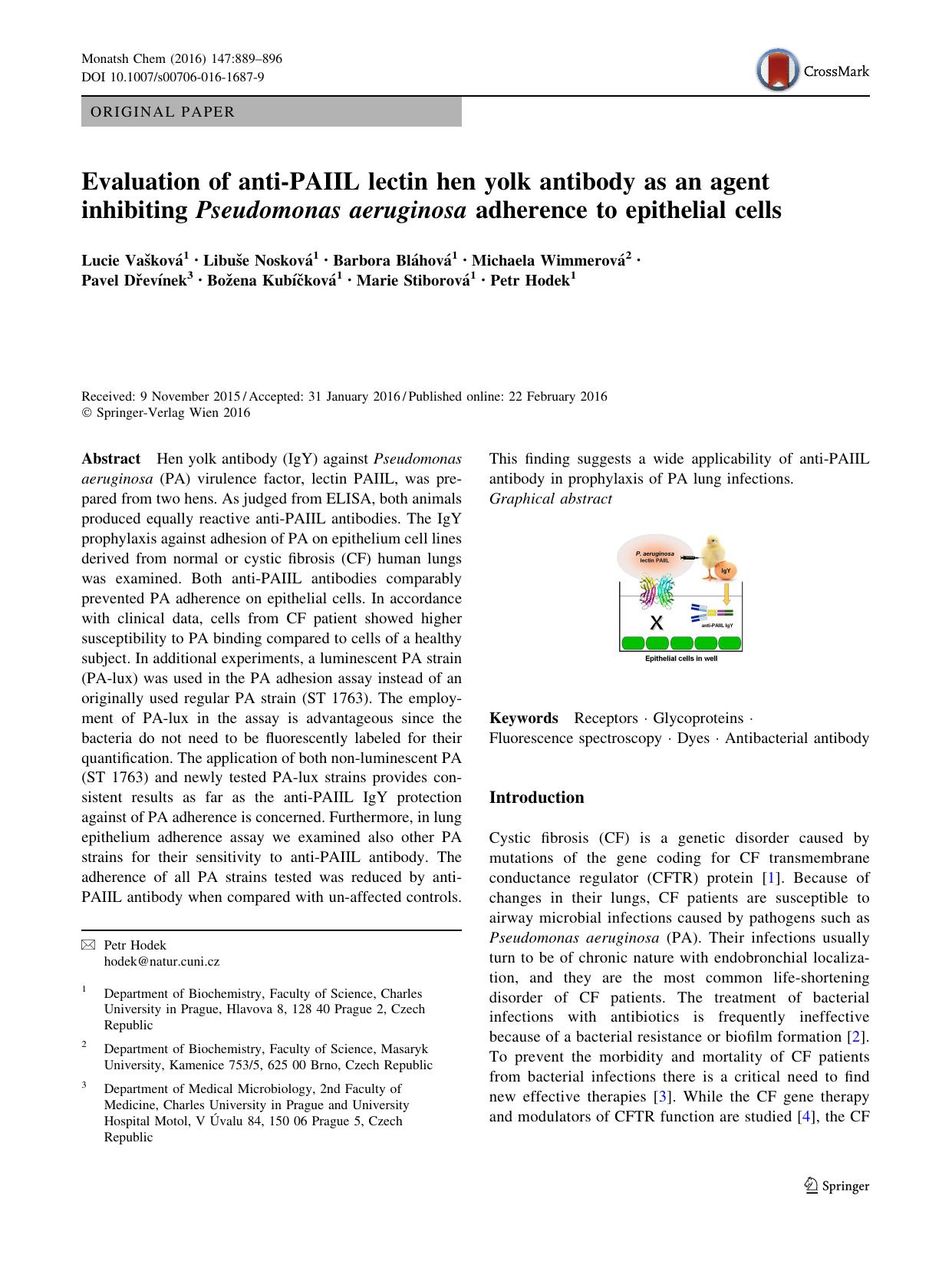 Evaluation of anti-PAIIL lectin hen yolk antibody as an agent inhibiting Pseudomonas aeruginosa adherence to epithelial cells by unknow