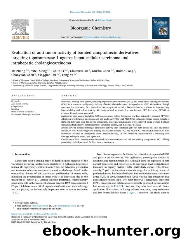 Evaluation of anti-tumor activity of borated camptothecin derivatives targeting topoisomerase 1 against hepatocellular carcinoma and intrahepatic cholangiocarcinoma by unknow