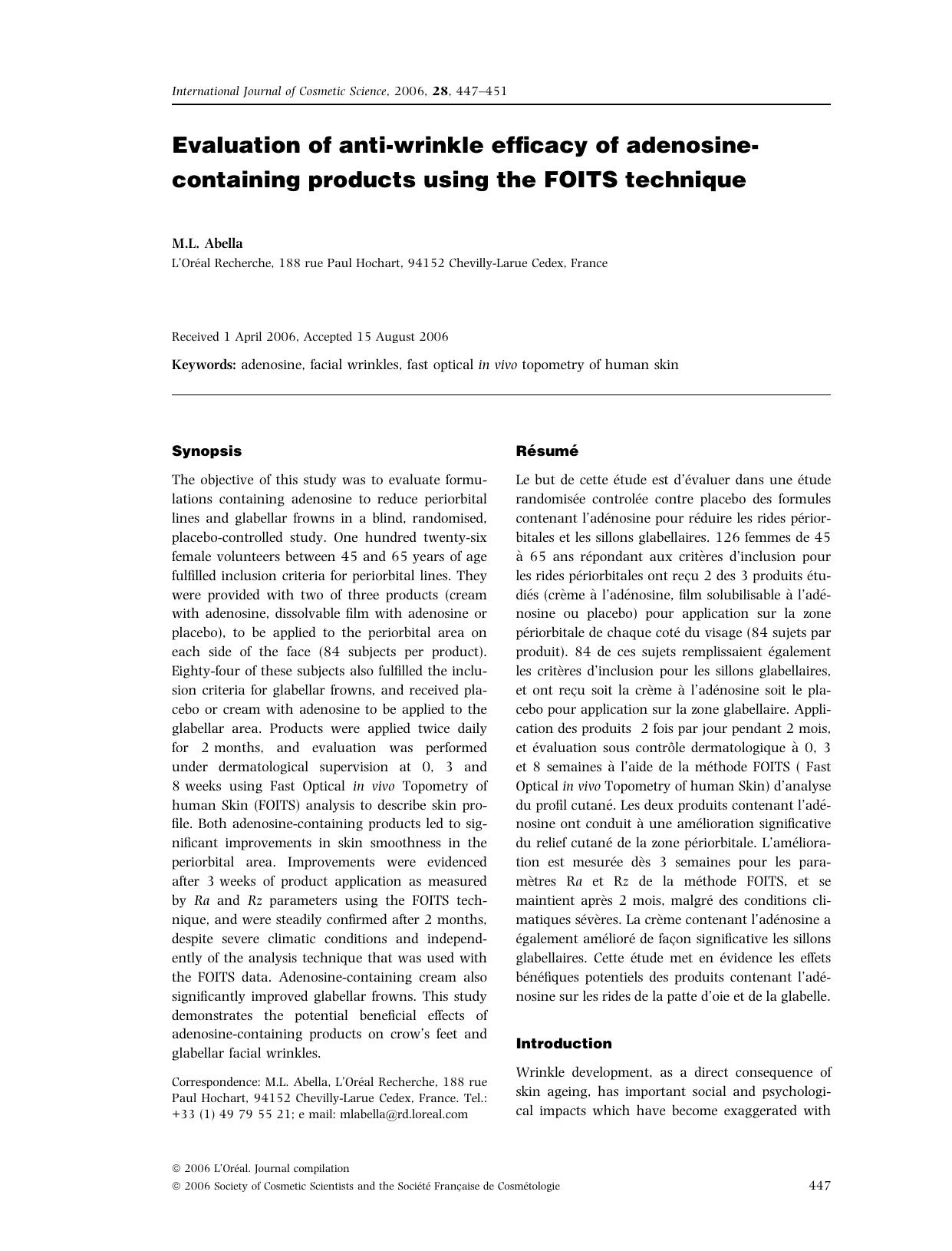 Evaluation of anti-wrinkle efficacy of adenosine-containing products using the FOITS technique by Unknown