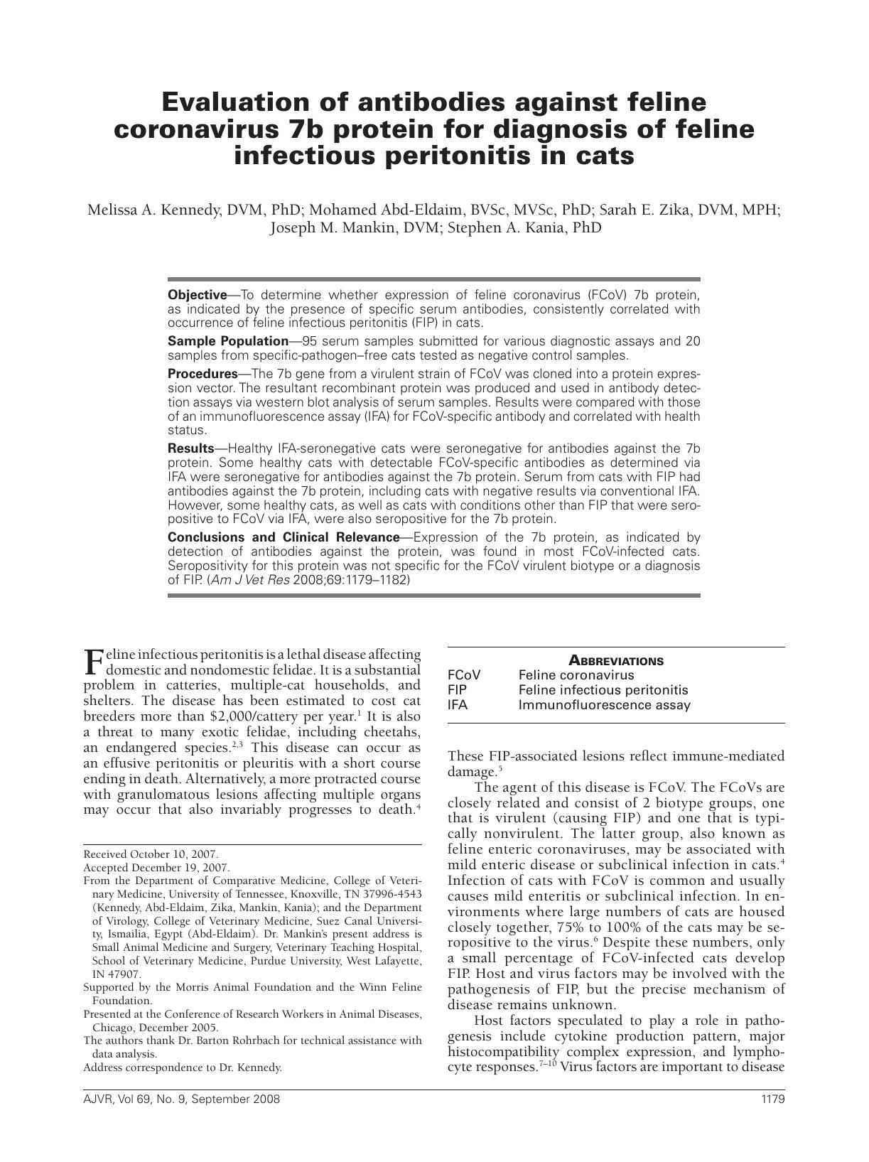 Evaluation of antibodies against feline coronavirus 7b protein for diagnosis of feline infectious peritonitis in cats by Unknown