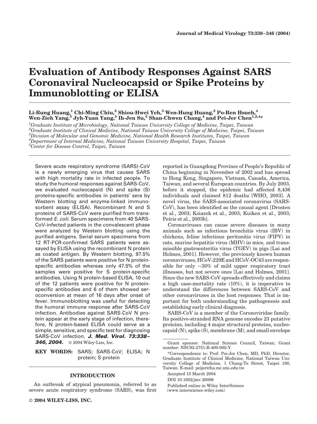 Evaluation of antibody responses against SARS coronaviral nucleocapsid or spike proteins by immunoblotting or ELISA by Unknown