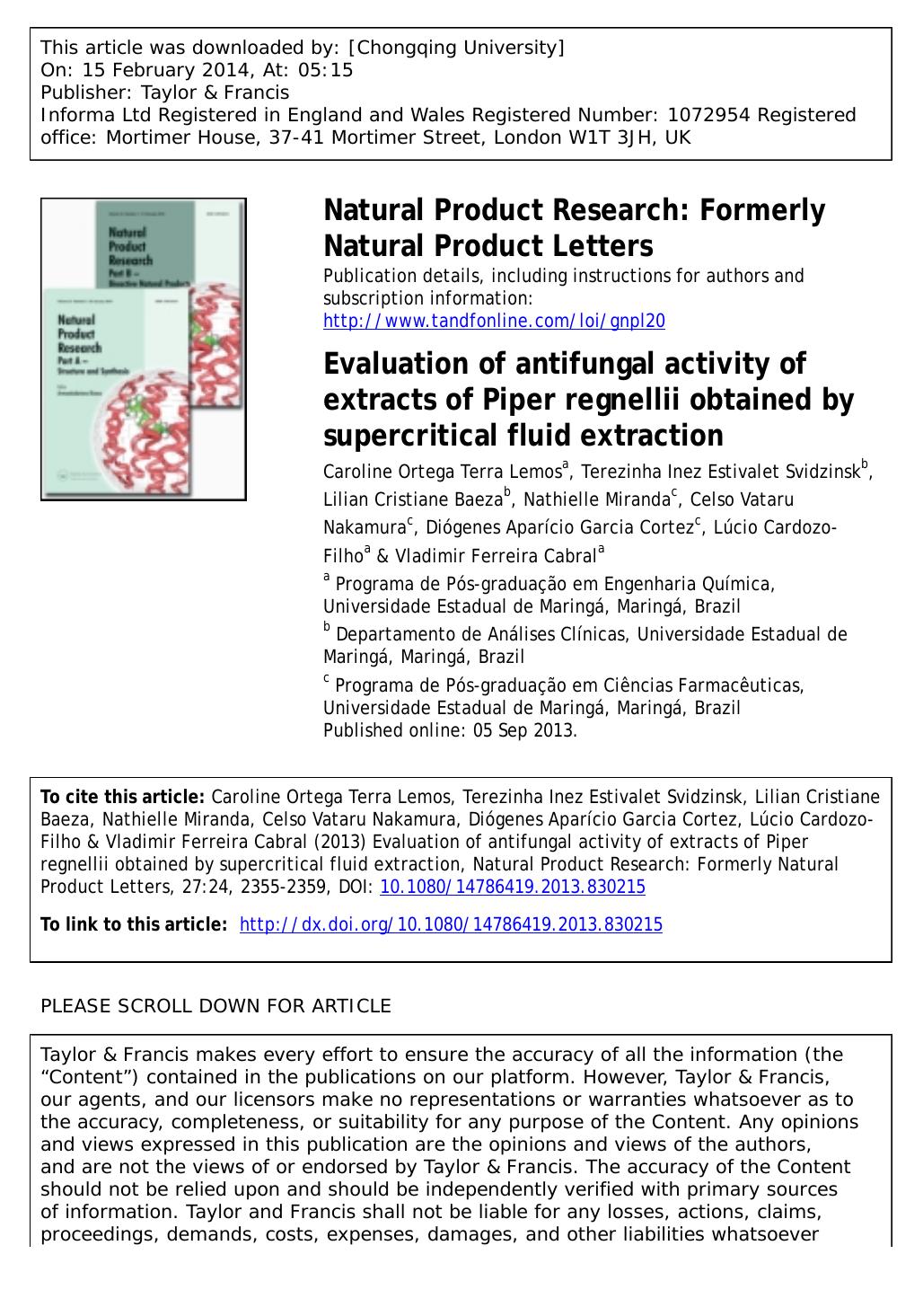 Evaluation of antifungal activity of extracts of Piper regnellii obtained by supercritical fluid extraction by unknow