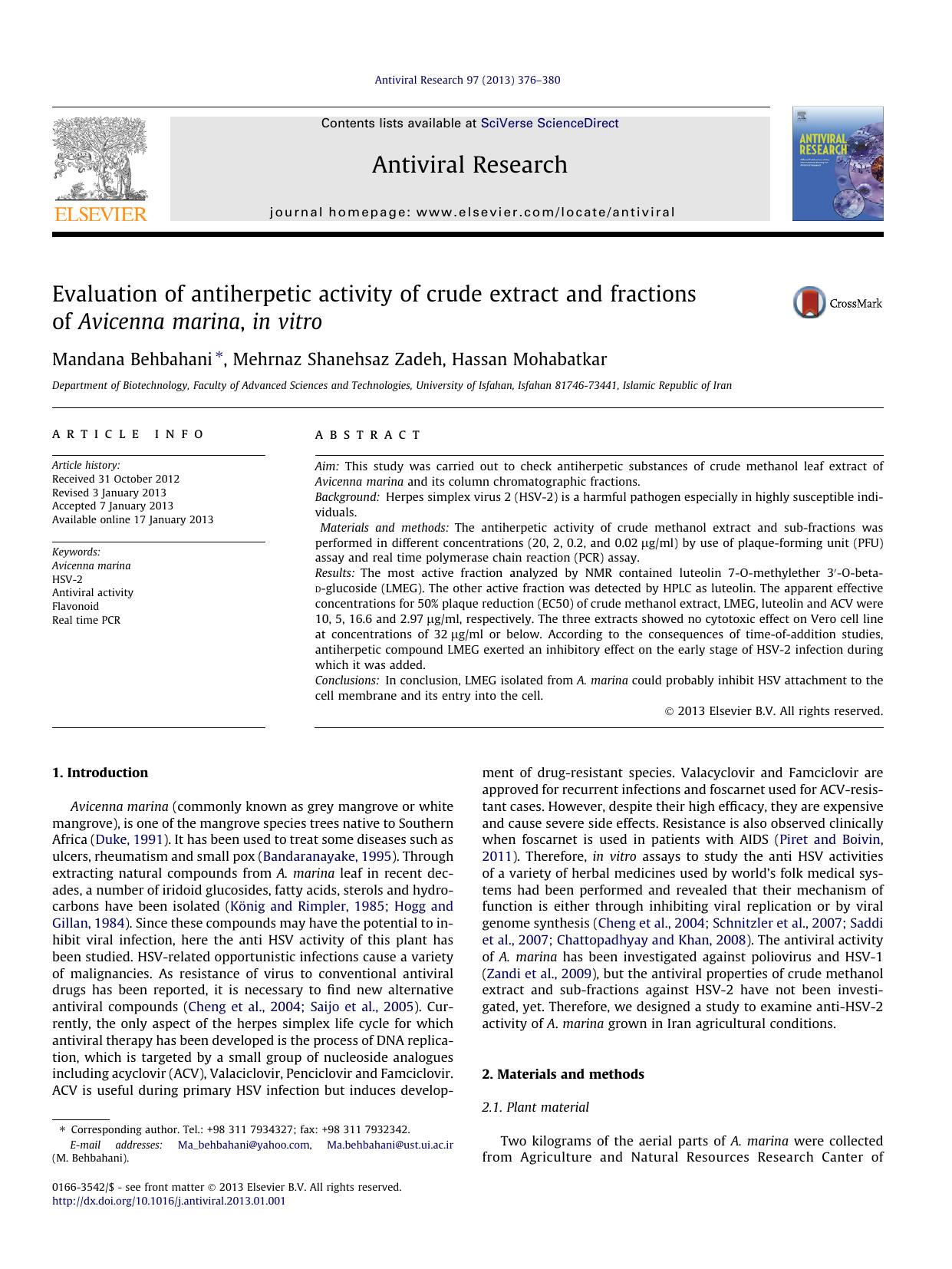 Evaluation of antiherpetic activity of crude extract and fractions of Avicenna marina, in vitro by Mandana Behbahani & Mehrnaz Shanehsaz Zadeh & Hassan Mohabatkar