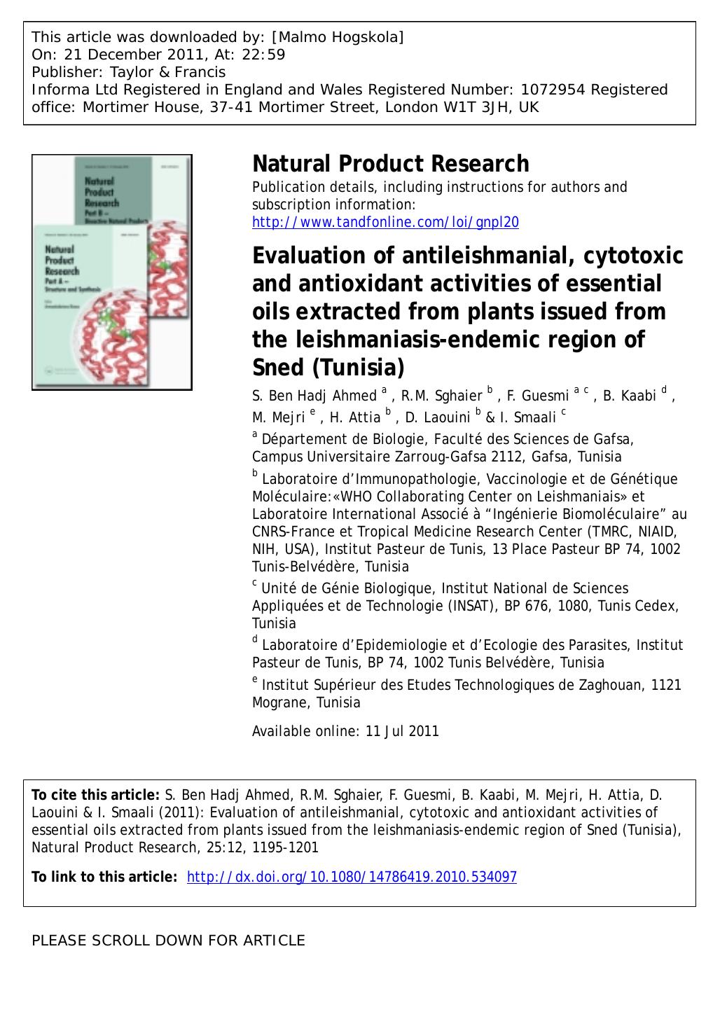 Evaluation of antileishmanial, cytotoxic and antioxidant activities of essential oils extracted from plants issued from the leishmaniasis-endemic region of Sned (Tunisia) by unknow