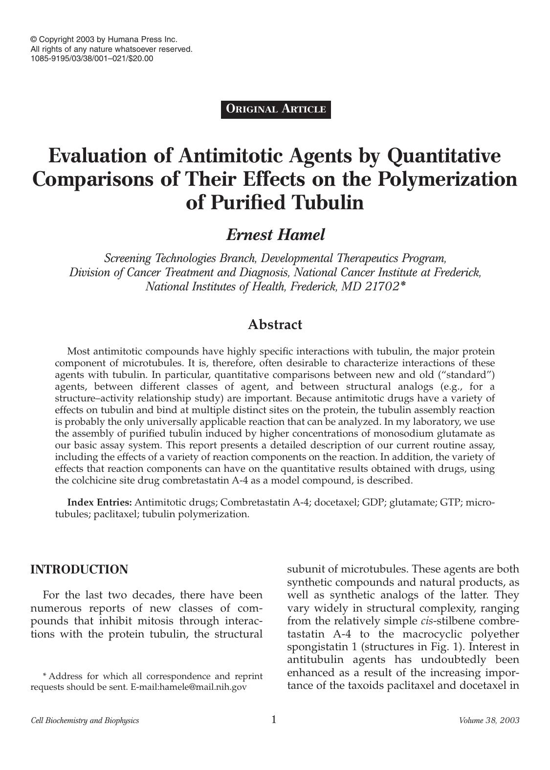 Evaluation of antimitotic agents by quantitative comparisons of their effects on the polymerization of purified tubulin by Unknown