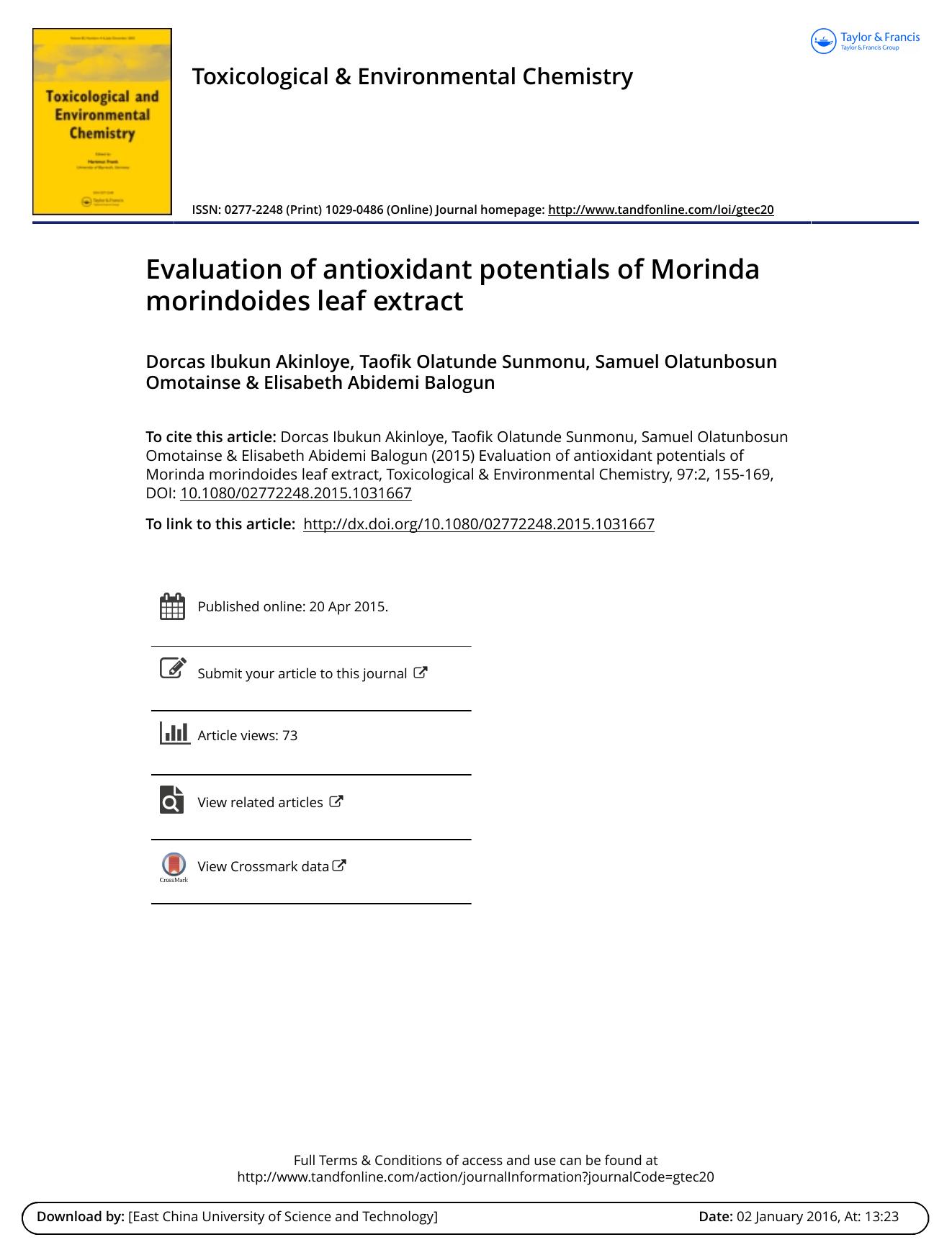 Evaluation of antioxidant potentials of Morinda morindoides leaf extract by Dorcas Ibukun Akinloye