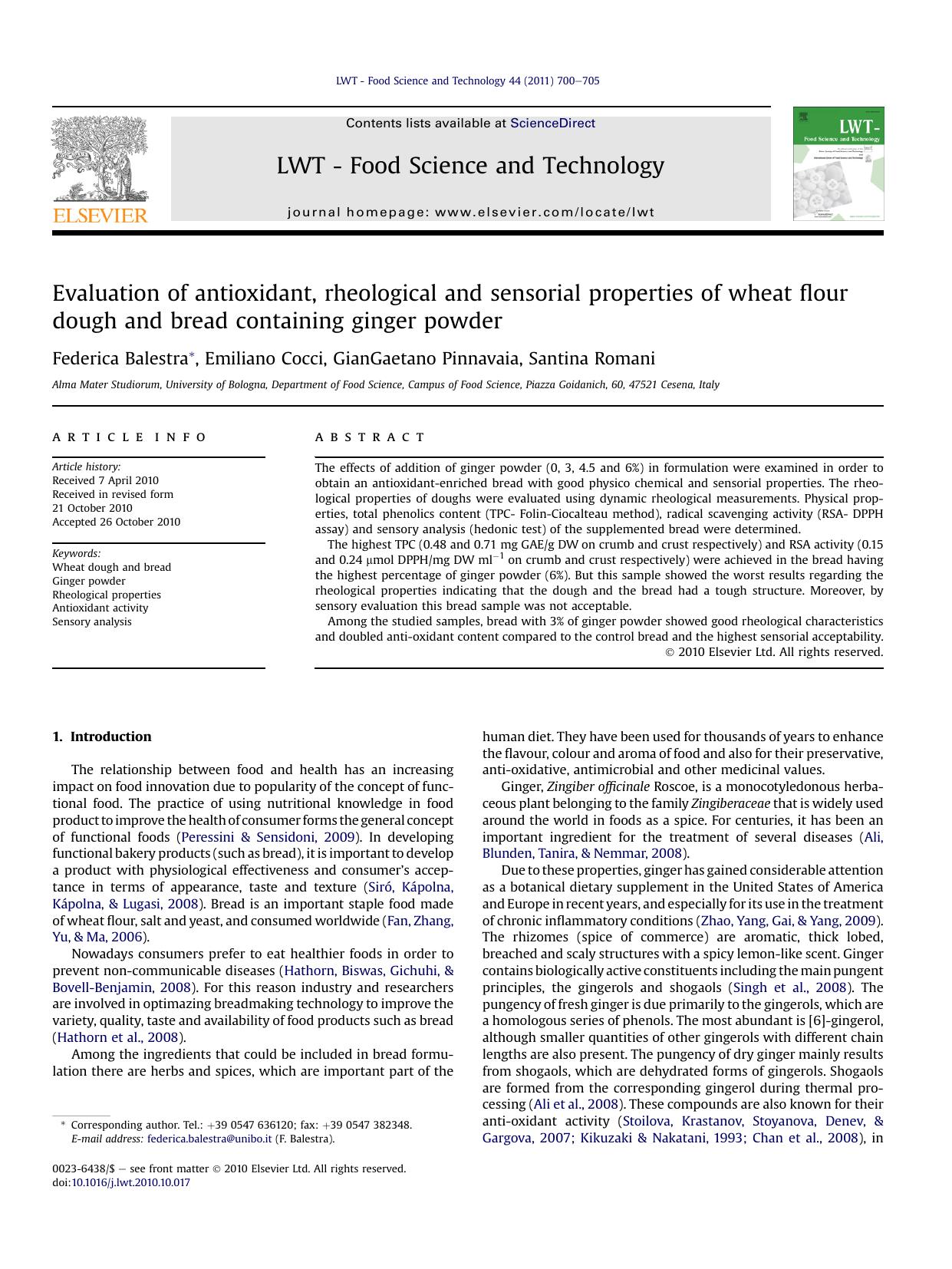 Evaluation of antioxidant, rheological and sensorial properties of wheat flour dough and bread containing ginger powder by Federica Balestra & Emiliano Cocci & GianGaetano Pinnavaia & Santina Romani