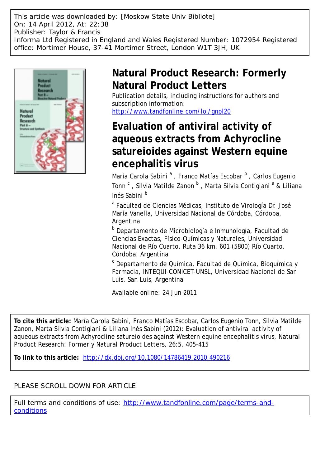 Evaluation of antiviral activity of aqueous extracts from Achyrocline satureioides against Western equine encephalitis virus by unknow