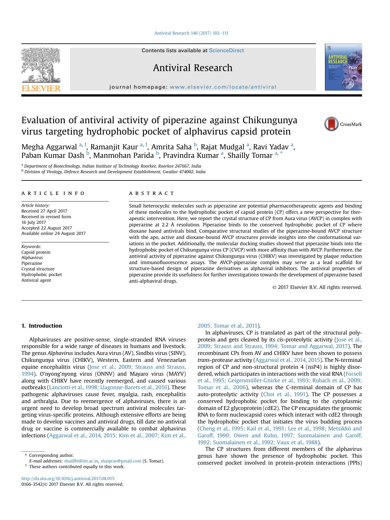 Evaluation of antiviral activity of piperazine against Chikungunya virus targeting hydrophobic pocket of alphavirus capsid protein by unknow