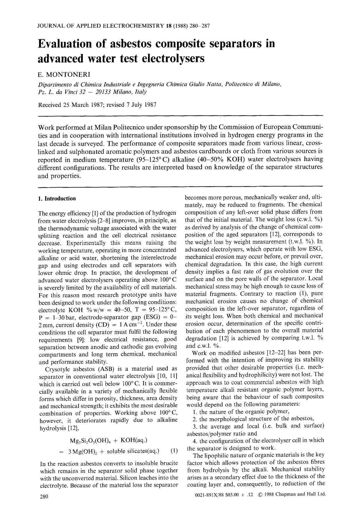 Evaluation of asbestos composite separators in advanced water test electrolysers by Unknown