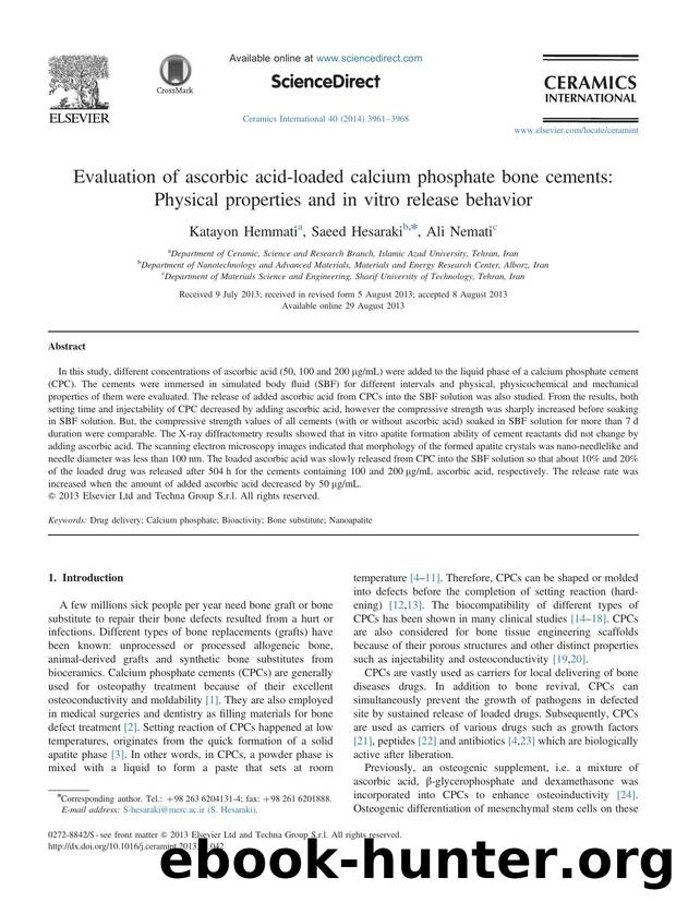 Evaluation of ascorbic acid-loaded calcium phosphate bone cements_ Physical properties and in vitro release behavior by Katayon Hemmati & Saeed Hesaraki & Ali Nemati