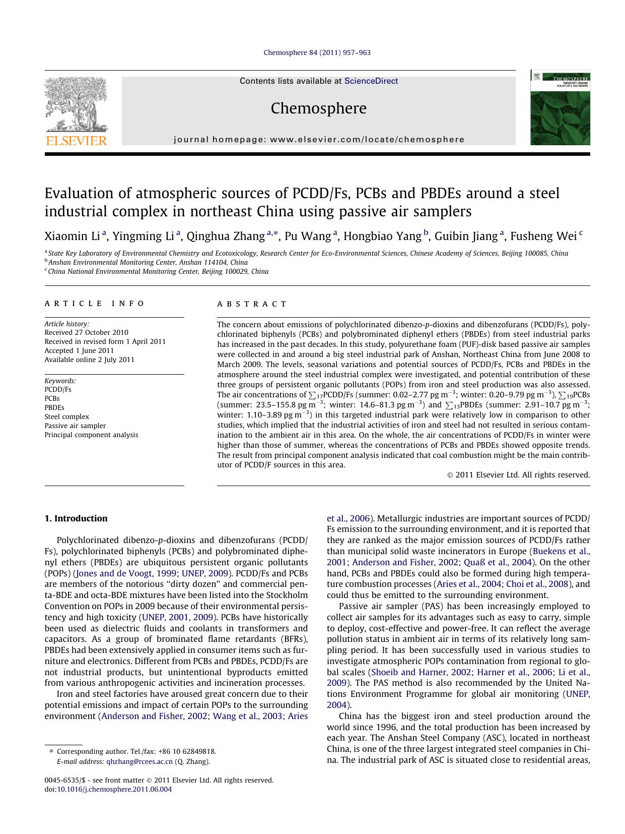Evaluation of atmospheric sources of PCDDFs, PCBs and PBDEs around a steel industrial complex in northeast China using passive air samplers by Xiaomin Li & Yingming Li & Qinghua Zhang & Pu Wang & Hongbiao Yang & Guibin Jiang & Fusheng Wei