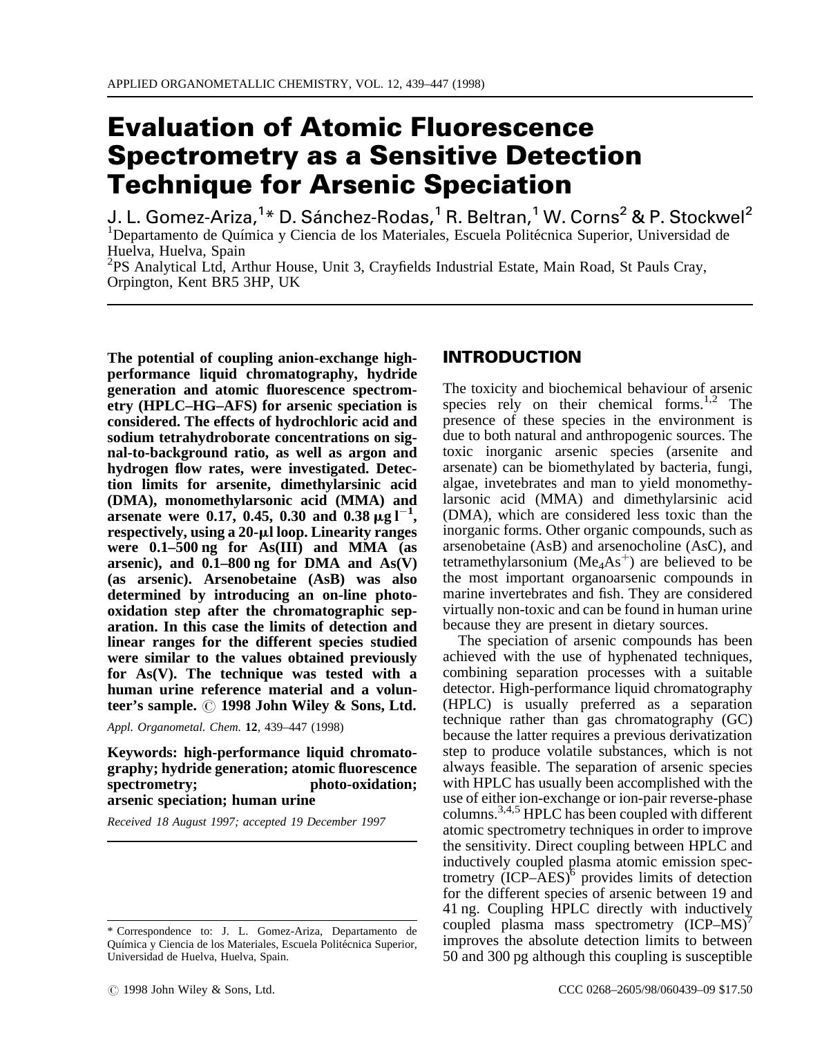 Evaluation of atomic fluorescence spectrometry as a sensitive detection technique for arsenic speciation by Unknown