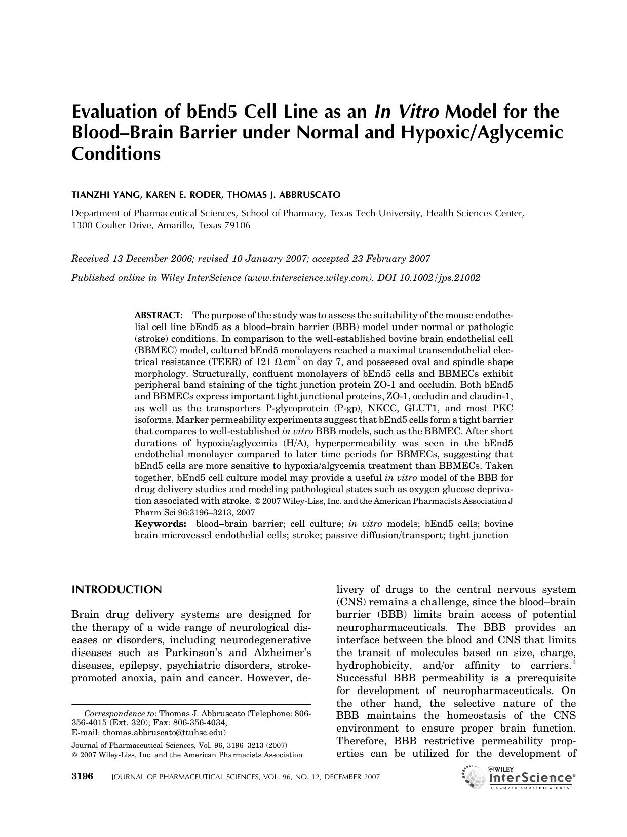 Evaluation of bEnd5 cell line as an in vitro model for the blood-brain barrier under normal and hypoxicaglycemic conditions by Unknown