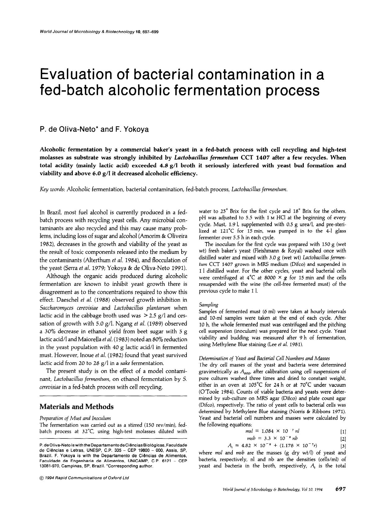 Evaluation of bacterial contamination in a fed-batch alcoholic fermentation process by Unknown